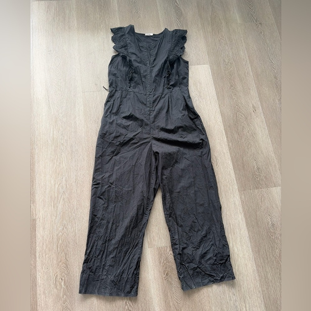 GAP Black Ruffle-Sleeve Wide-Leg cotton breezy Jumpsuit pointelle